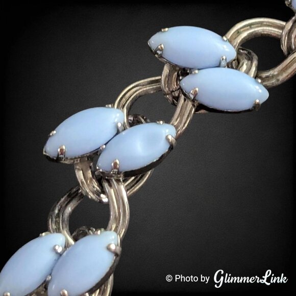 Vintage Blue Marquise Glass Cabochon Silver Tone Small Fit Choker Necklace - Picture 8 of 10